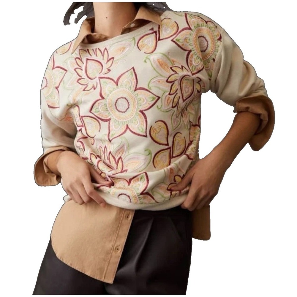 Anthropologie Tiny Embroidered Sweatshirt Size L Oversized Helena Floral Cottage